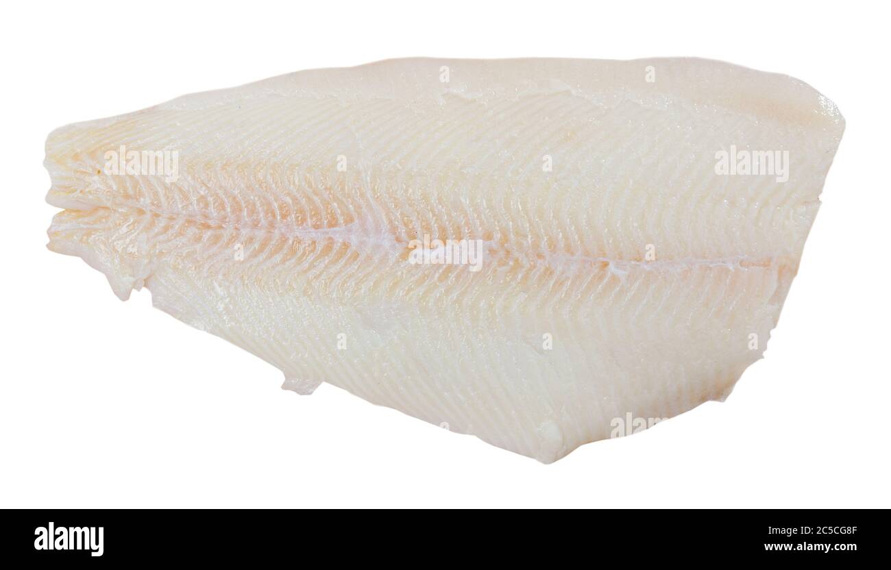 Image of fillet of raw halibut fish before cooking. Isolated over white