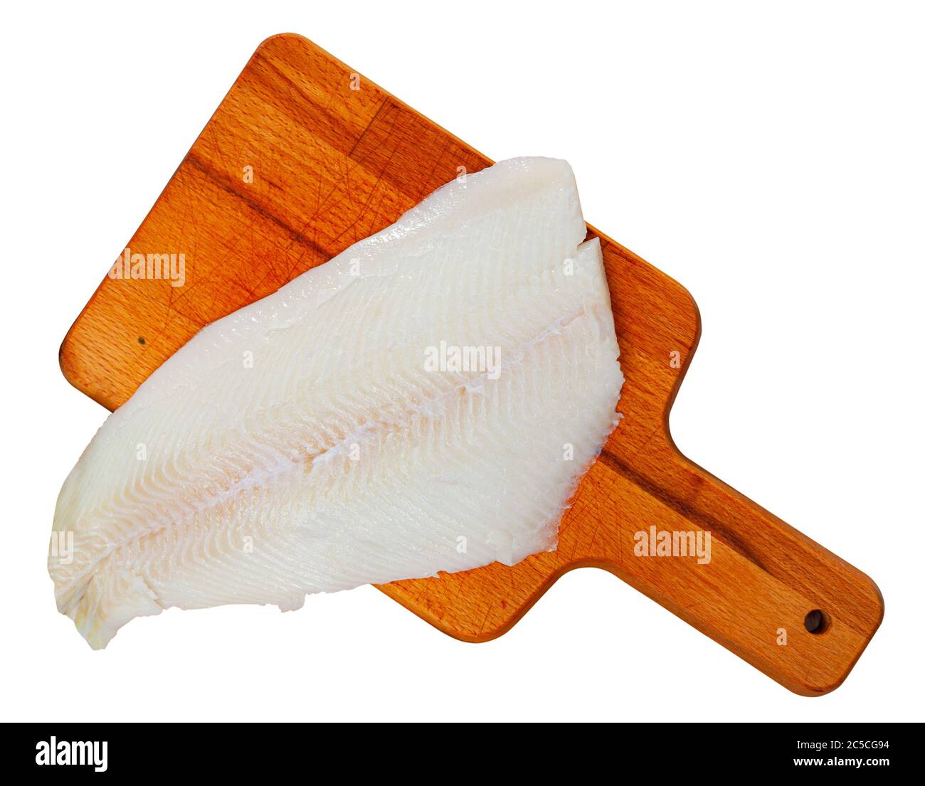 Image of fillet of raw halibut fish before cooking on wooden background