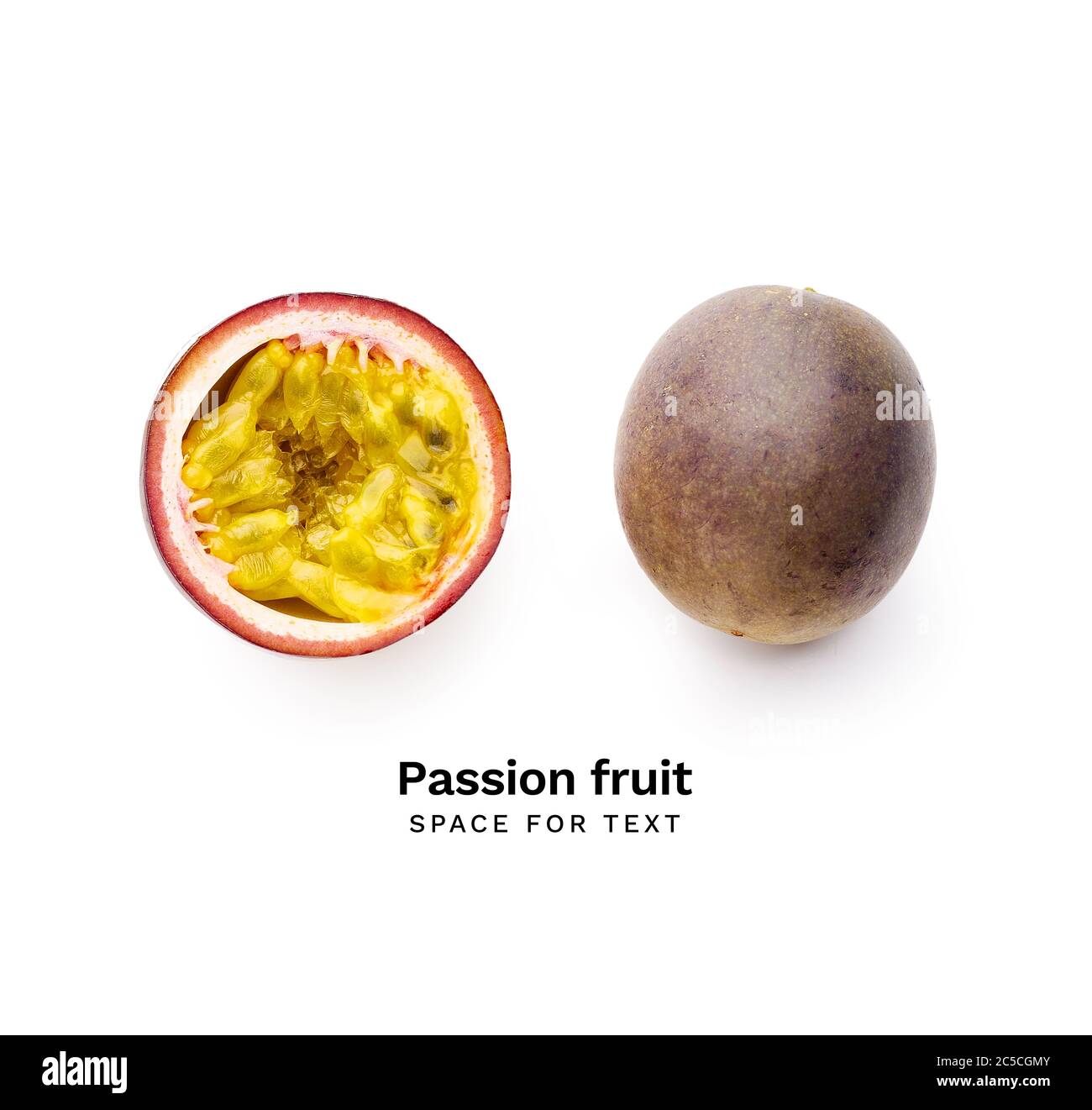 Whole and sliced passion fruit or maracuya isolated on white background. Top view layout with copy space Stock Photo