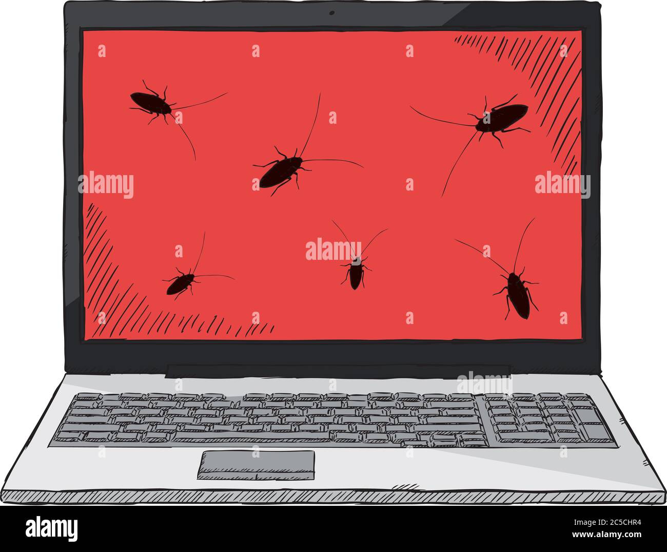 Sketch style colorful illustration of notebook infected by computer bugs. Hand drawn vector illustration. Stock Vector