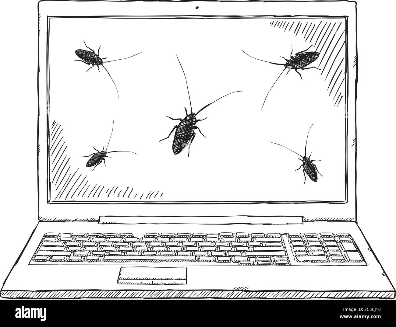 Doodle of notebook infected by computer bugs. Hand drawn doodle vector illustration. Stock Vector