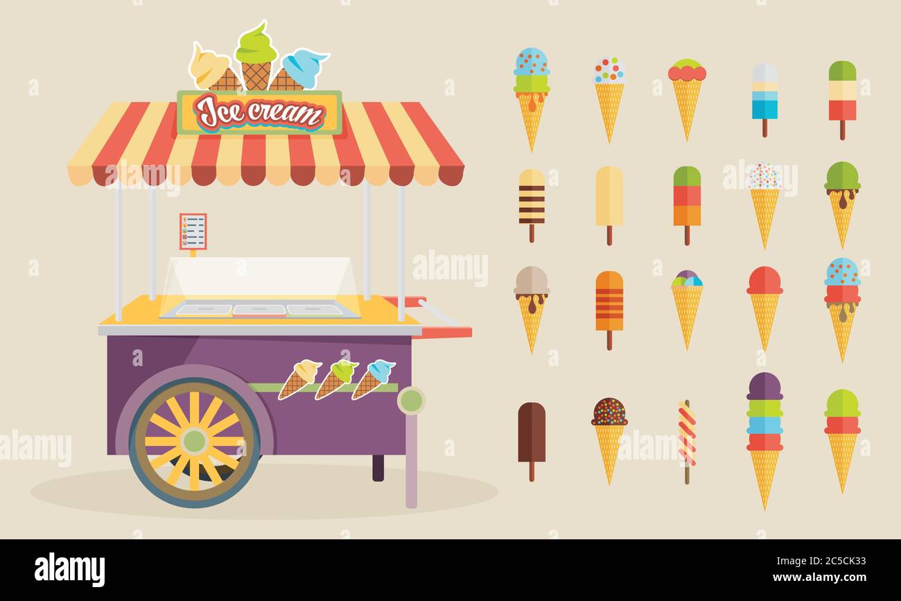 Set of ice-cream icons and ice-cream shopping cart. Flat style design ...