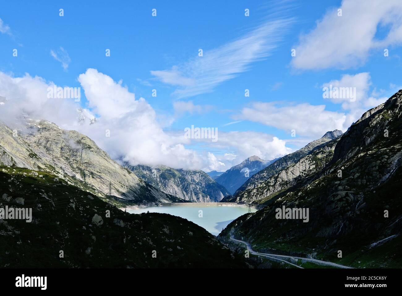 Räterichsbodensee reservoir. A reservoir on the Grimsel Pass in the Swiss Alps connecting the Bernese Oberland with the Upper Valais, Switzerland. Stock Photo