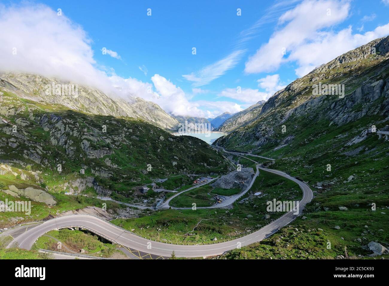 Räterichsbodensee reservoir on the Grimsel Pass in the Swiss Alps, connecting the Bernese Oberland with the Upper Valais, Switzerland. Stock Photo