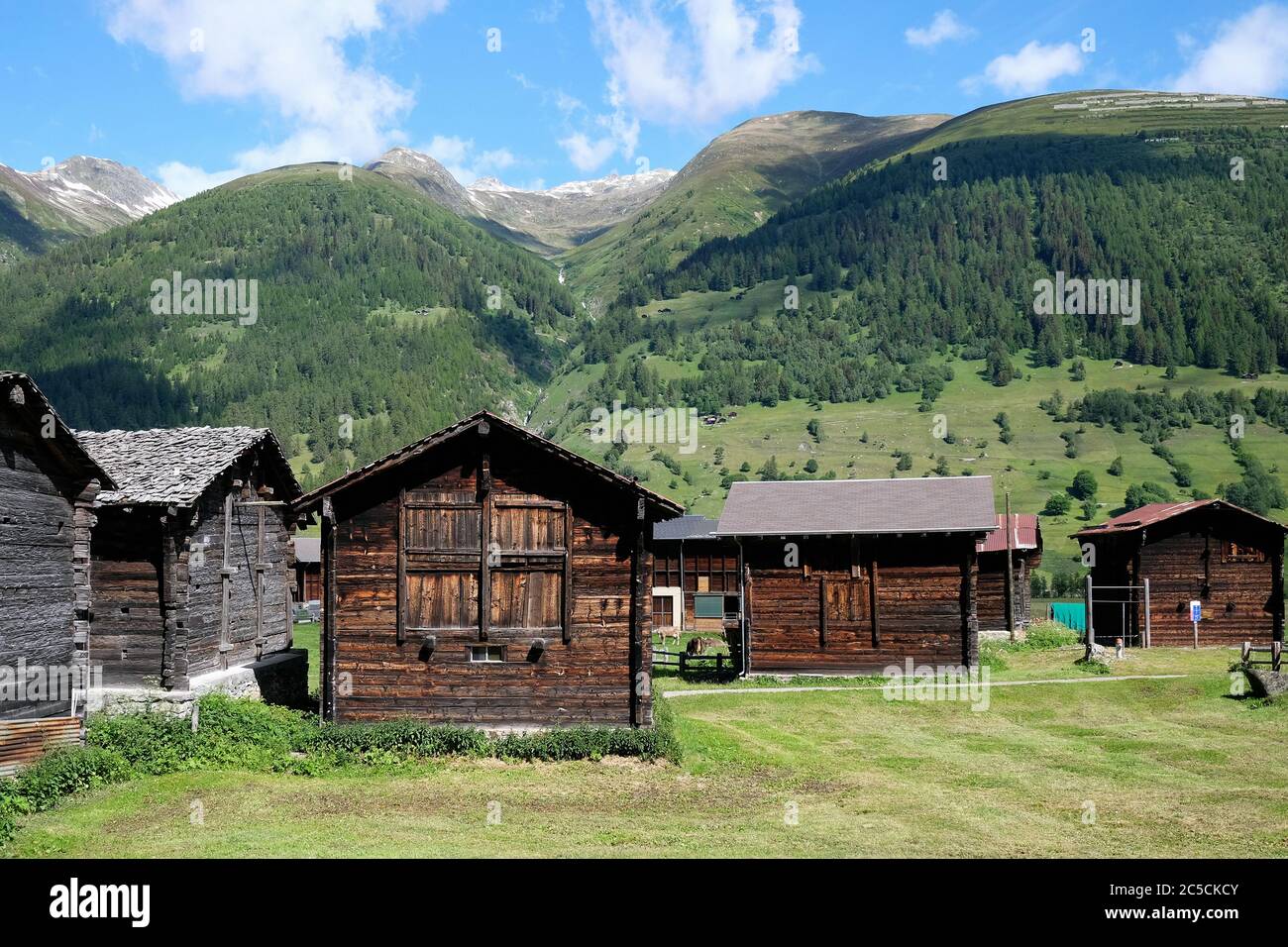 Historical wooden houses in Ulrichen in the canton of Valais, Switzerland. Stock Photo