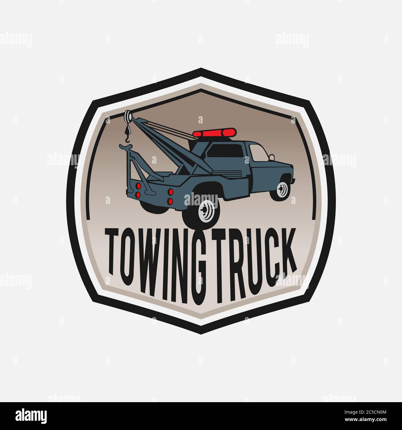 Tow truck emblem. Wrecker icon. Round the clock evacuation of cars. Design can be used as a logo, a poster, advertising, signboard. Vector element of Stock Vector