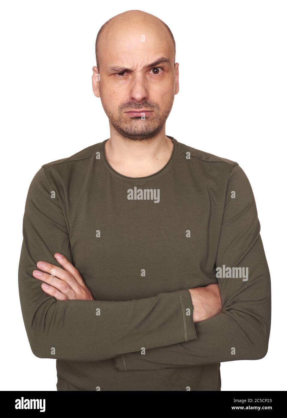 Angry bald man portrait. Isolated on white studio background Stock Photo