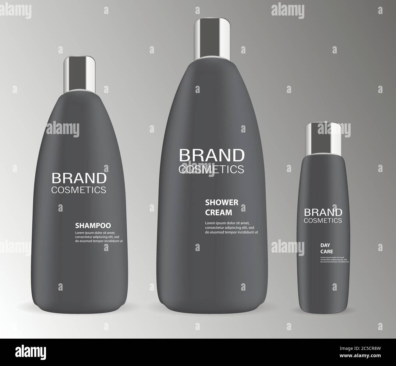 Black Cosmetic bottles mock up set for luxury beauty care products. High quality 3d Vector illustration ads. Containers for shampoo, gel, oil, liquid Stock Vector