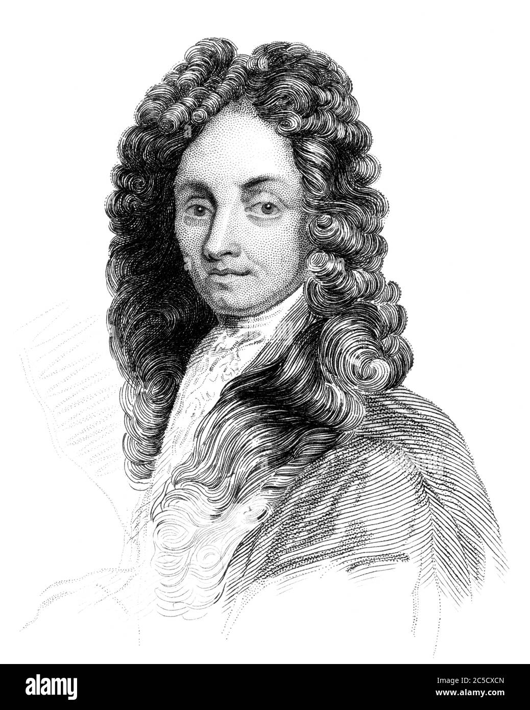 An engraved vintage illustration portrait image of Sir Christopher Wren from a Victorian book dated 1847 that is no longer in copyright Stock Photo