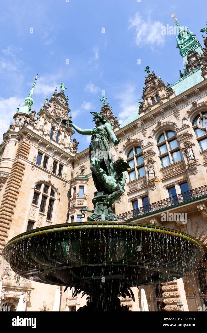 Fountain at the courtyard of Hamburg Town Hall, depicting the goddess Hygieia Stock Photo