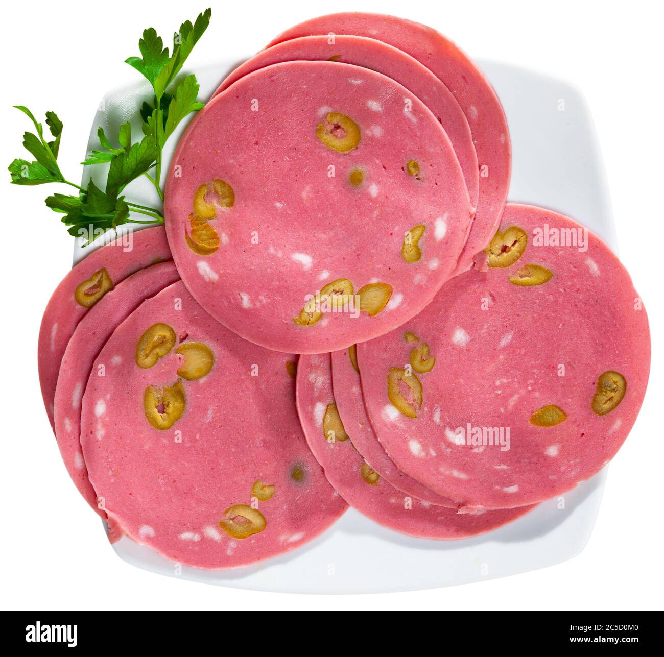 Thin sliced Spanish Mortadella sausage with olives. Isolated over white