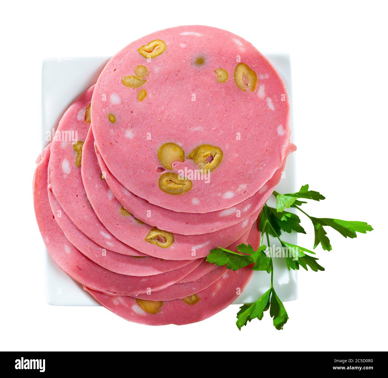 Thin slices of cooked pork sausage Mortadella with olives. Traditional