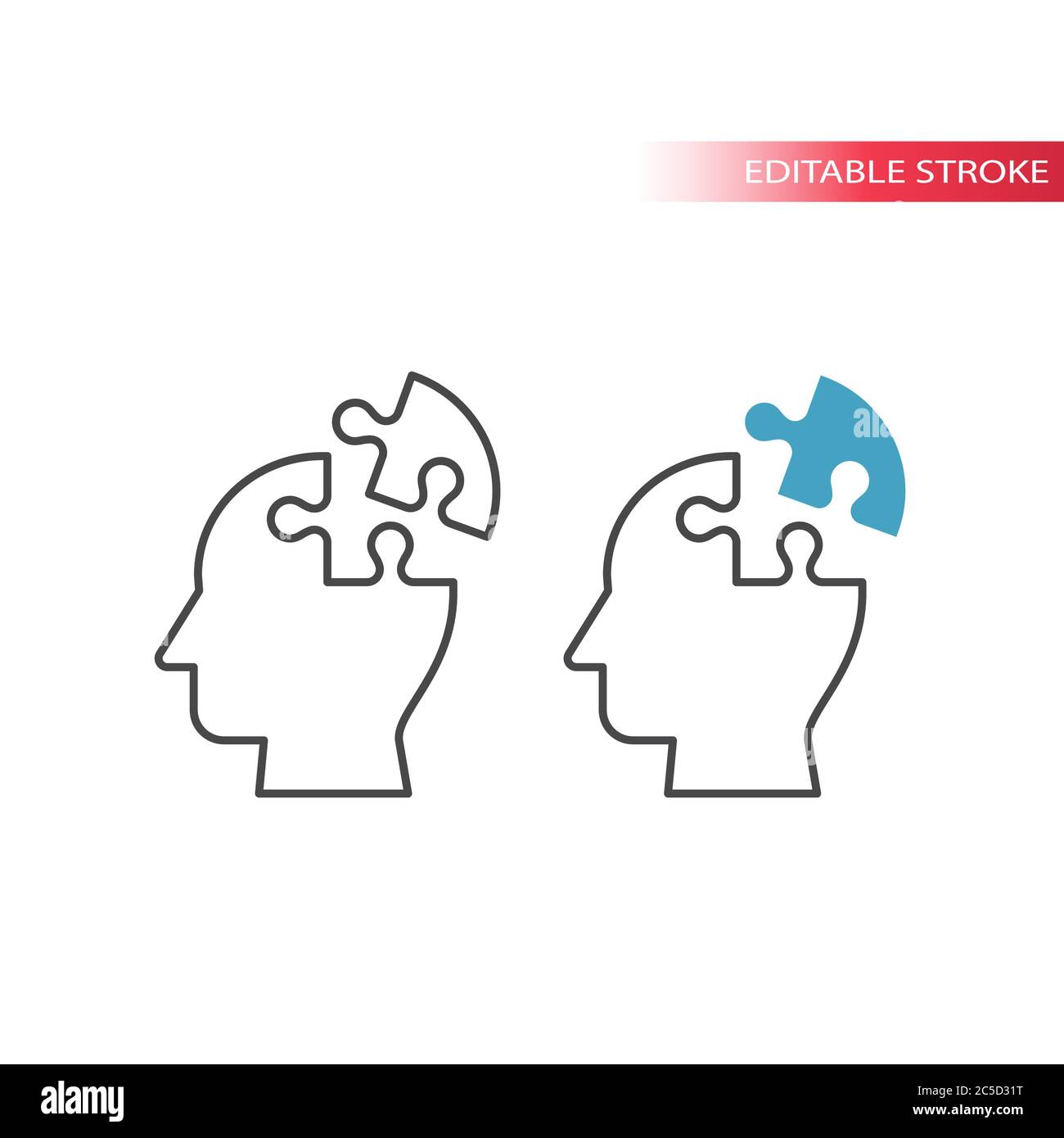 Human head with jigsaw puzzle piece, idea concept thin line vector icon. Outline, editable stroke. Stock Vector