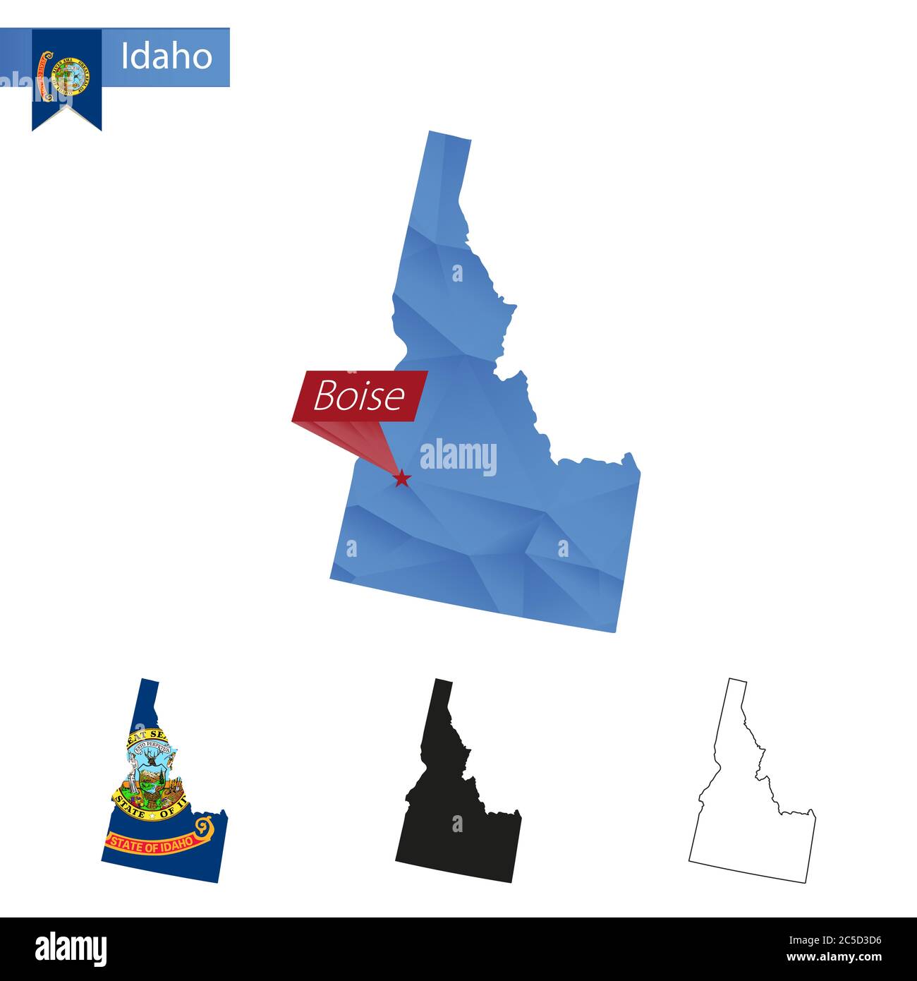 State of Idaho blue Low Poly map with capital Boise, versions with flag ...