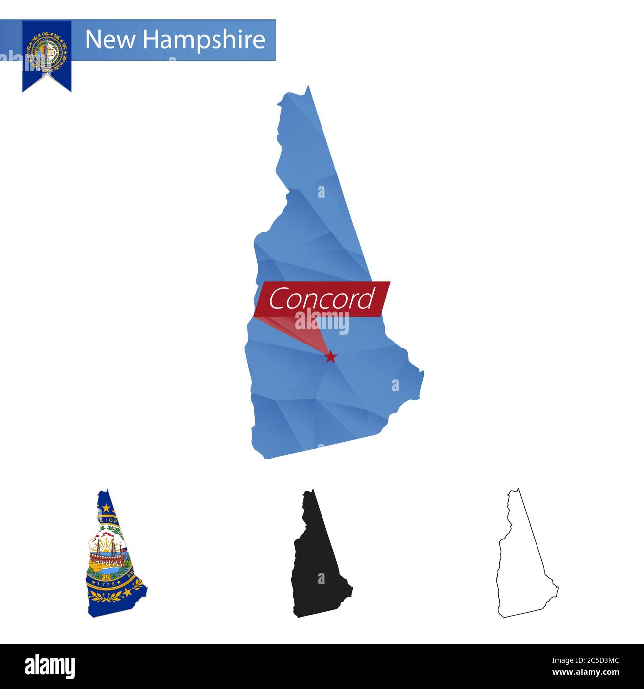 State of New Hampshire blue Low Poly map with capital Concord, versions