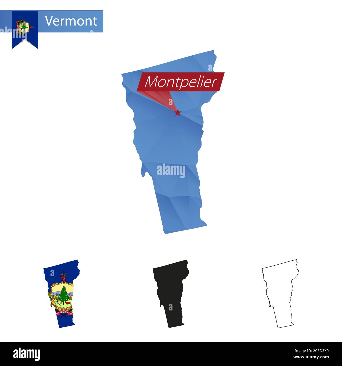 State of Vermont blue Low Poly map with capital Montpelier, versions