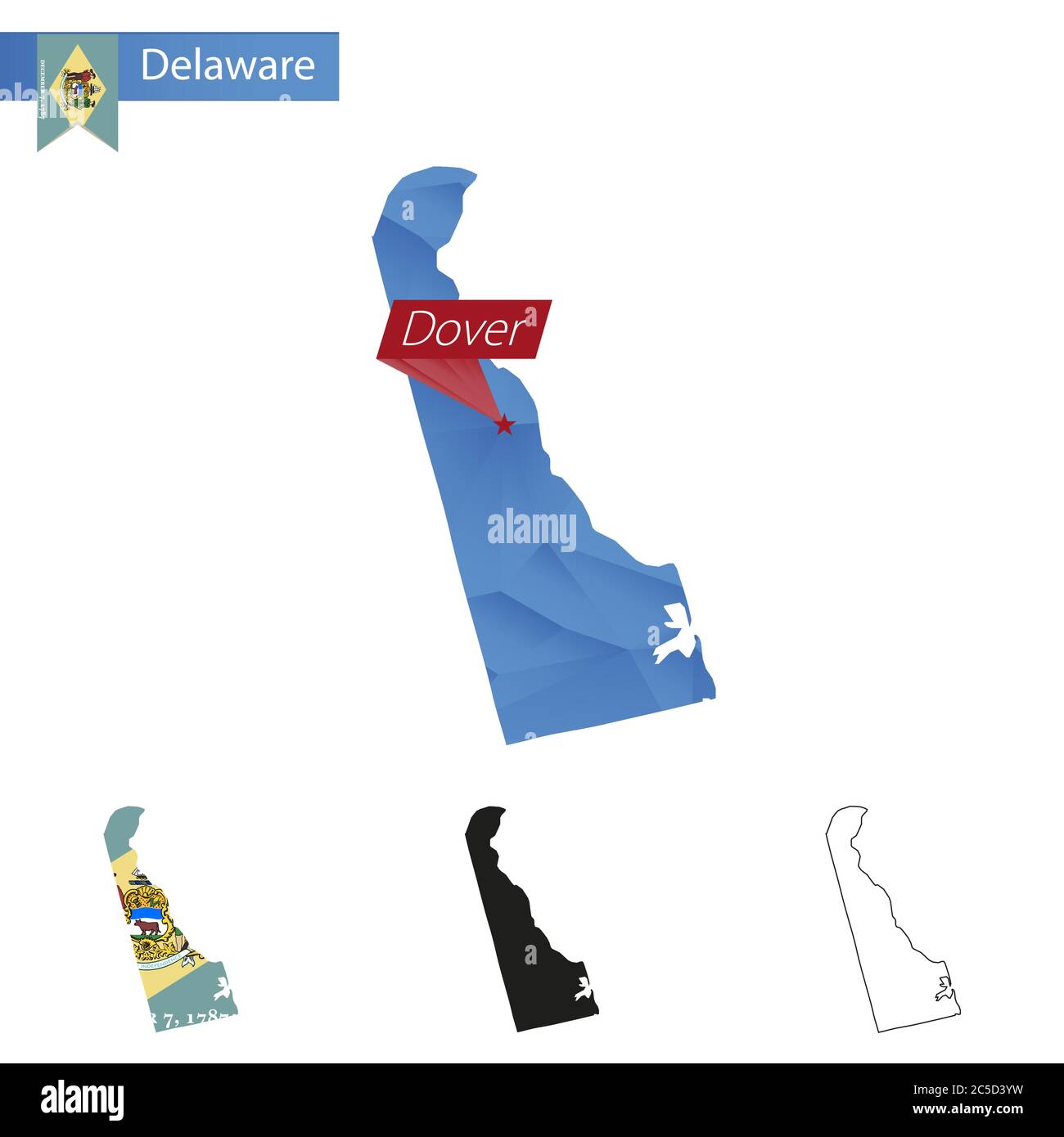 State of Delaware blue Low Poly map with capital Dover, versions with
