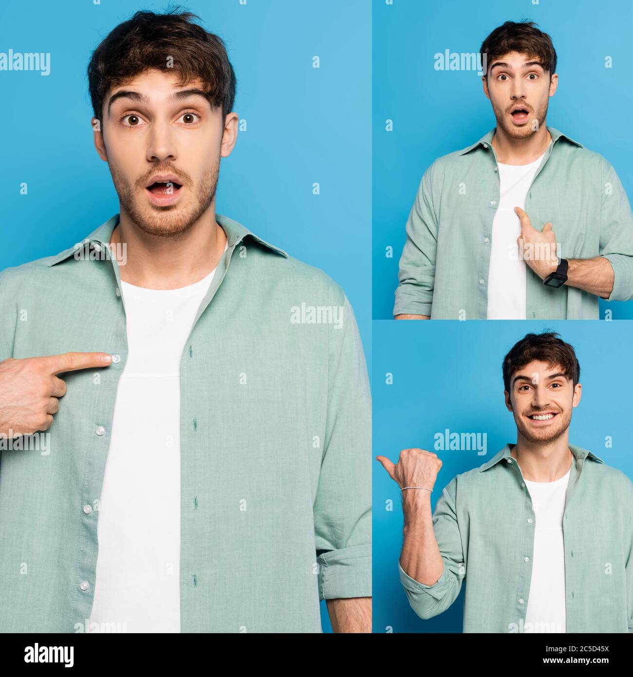 collage of emotional young man pointing with finger while looking at
