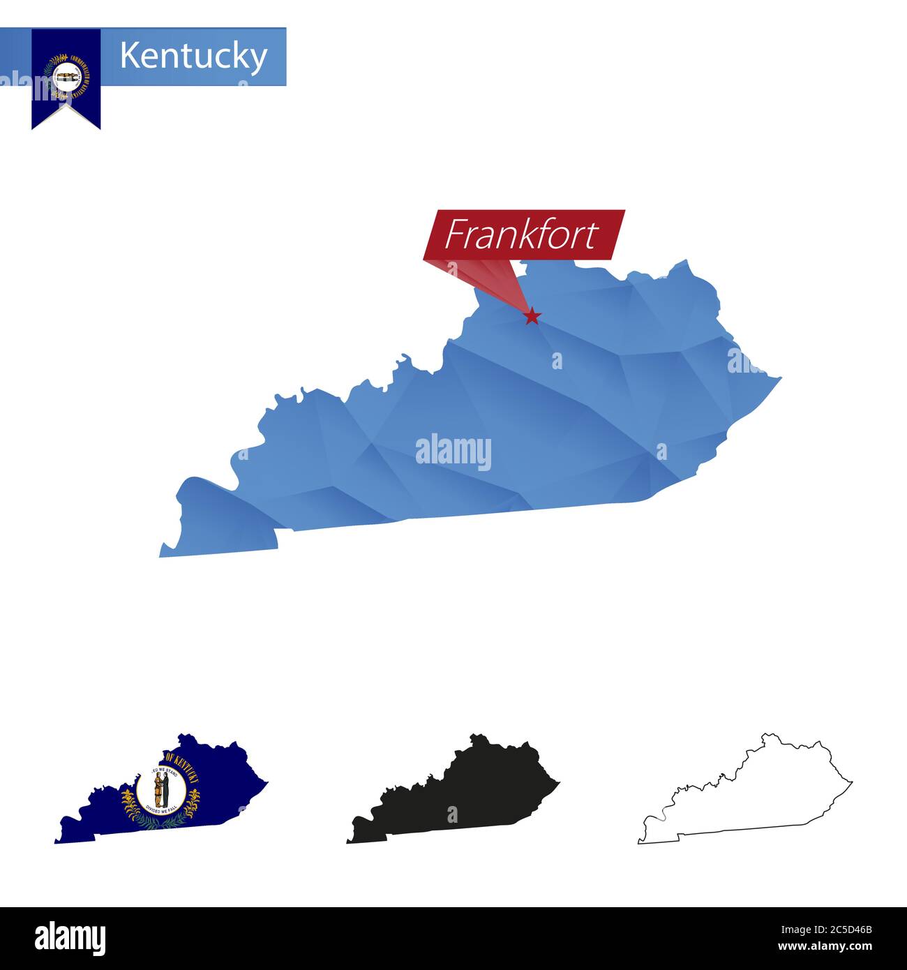 State of Kentucky blue Low Poly map with capital Frankfort, versions