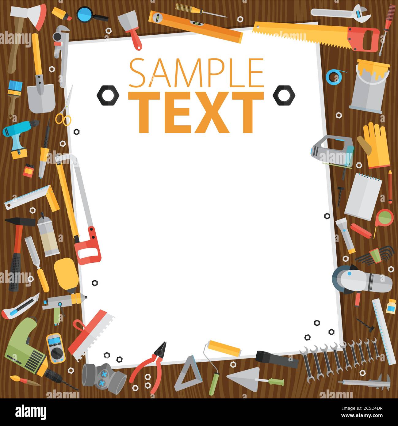 Repair and construction illustration with working tools. Place for text. Stock Vector