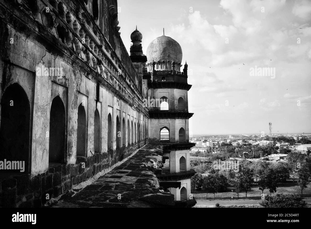 The side part of gol gumbaz monument.The black and white view of the tomb Stock Photo