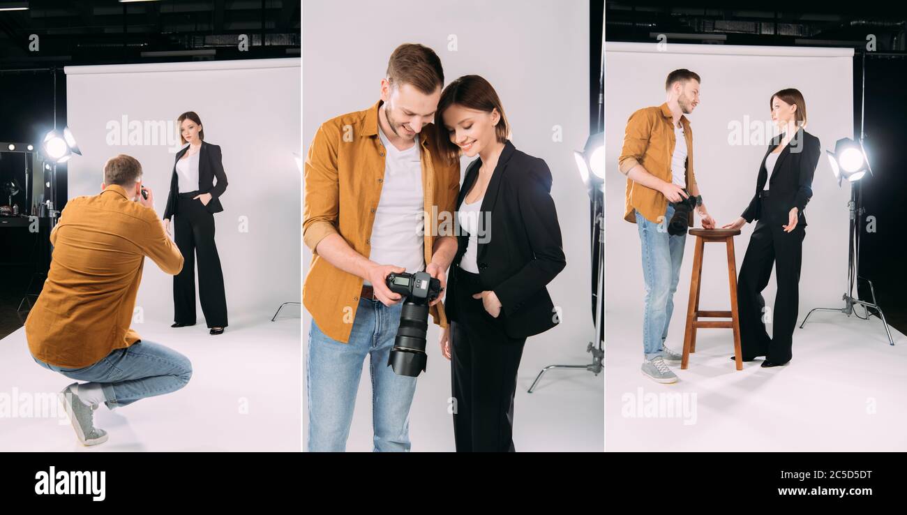 Studio Model Collage Collage of photographer working with beautiful model in photo studio ...