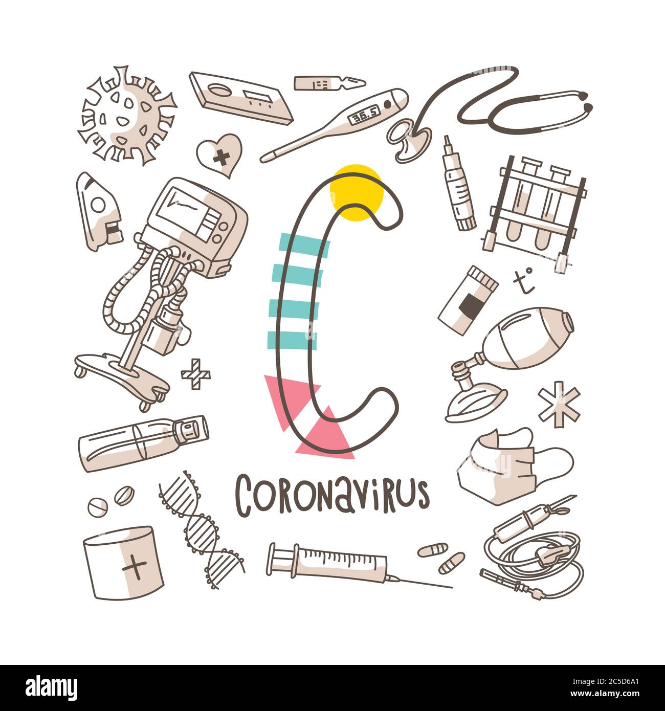 Letter C - Coronavirus, cute alphabet series in doodle style, vector illustration Stock Vector