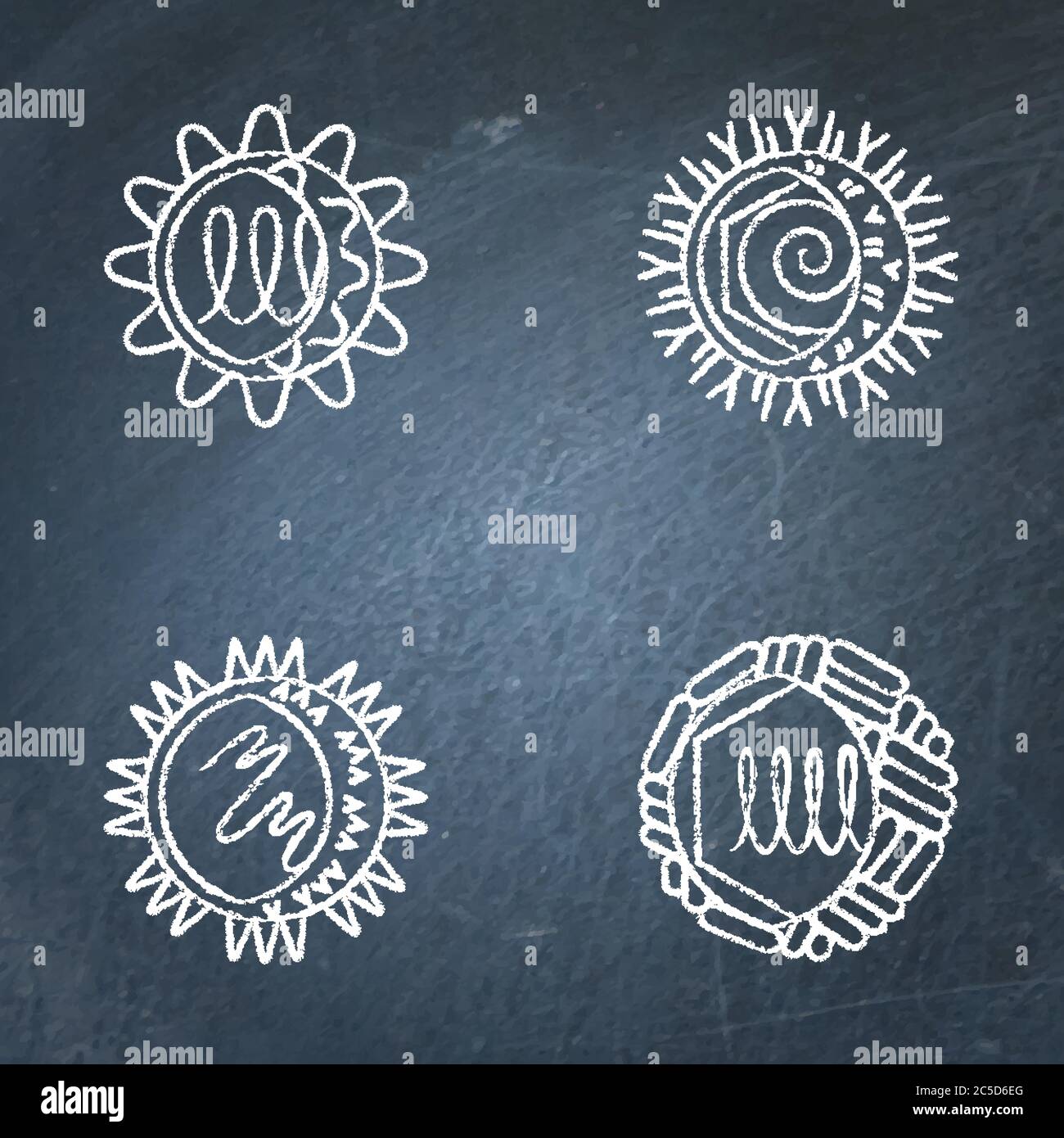 Chalkboard virus cell icons collection in line style. Symbols of herpes simplex, norovirus, rhinovirus and flavivirus. Vector illustration. Stock Vector