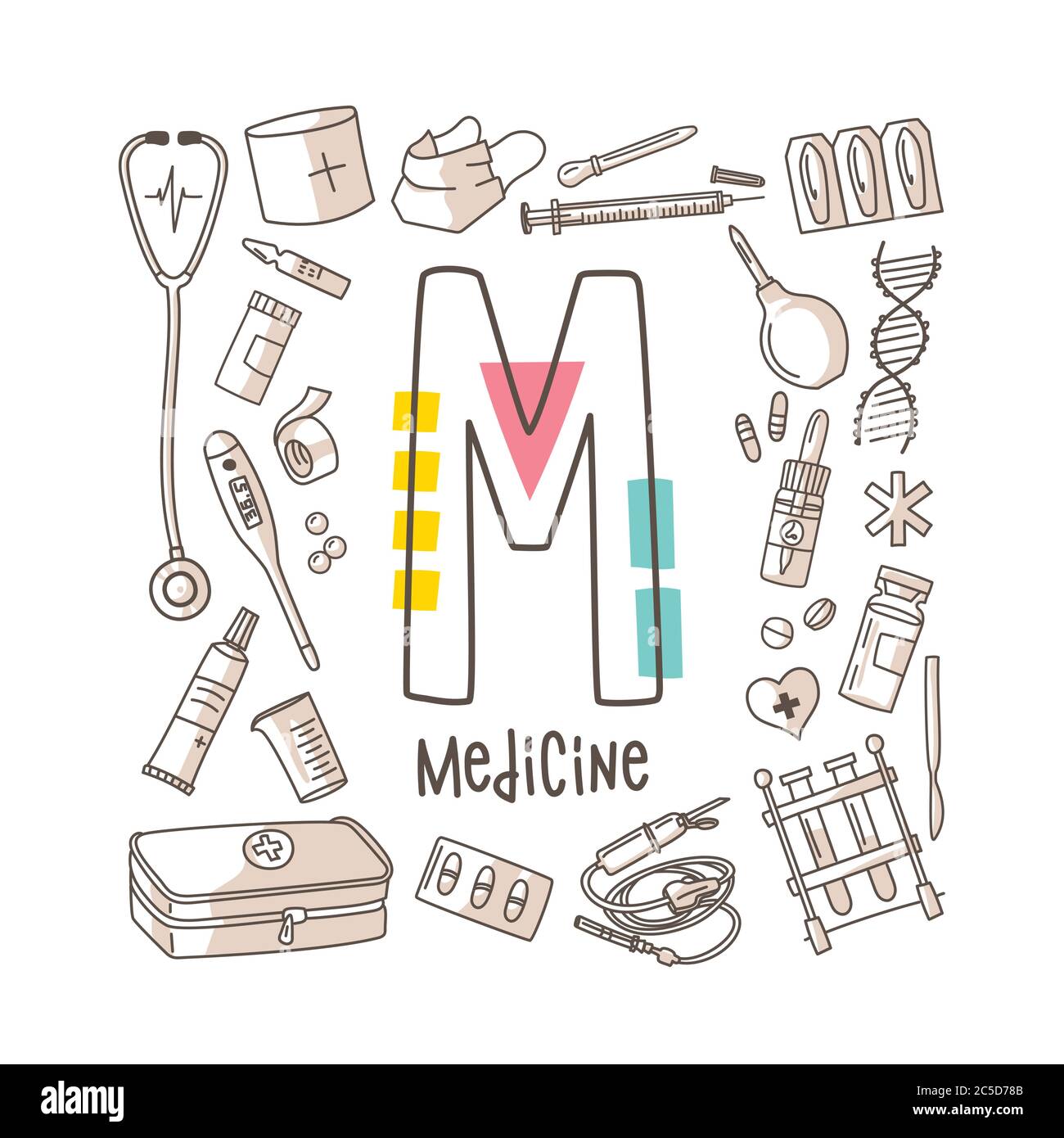 Letter M - Medicine, cute alphabet series in doodle style, vector illustration Stock Vector