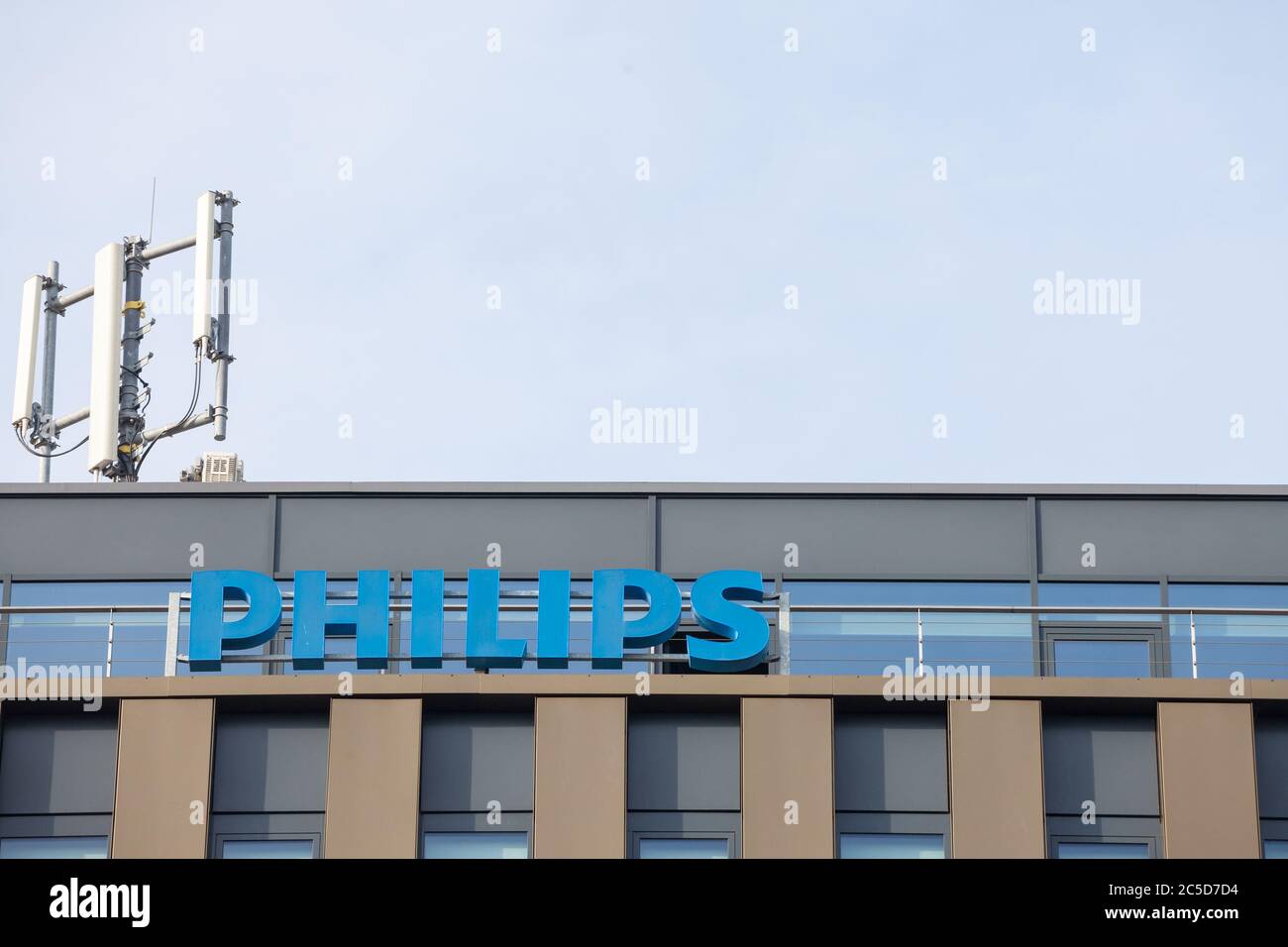 PRAGUE, CZECHIA - NOVEMBER 1, 2019: Philips logo in front of their main office for Prague.Philips is a Dutch conglomerate specilized in technology and Stock Photo