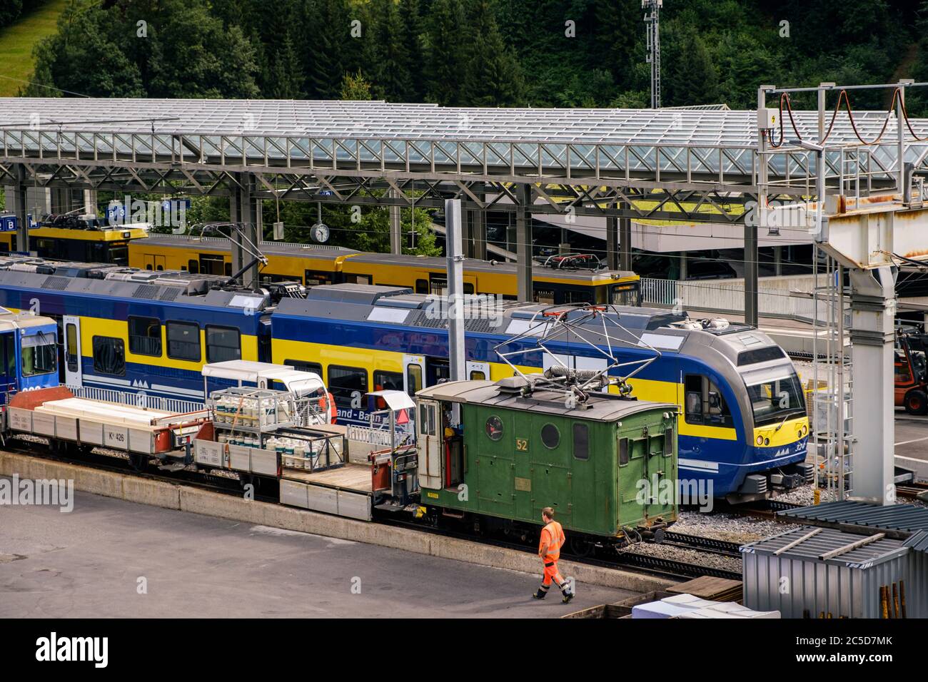Lauterbrunnen, Berner Oberland, Switzerland - July 29 2019 : Freight and passenger trains in the Lauterbrunnen railway station in summer Stock Photo