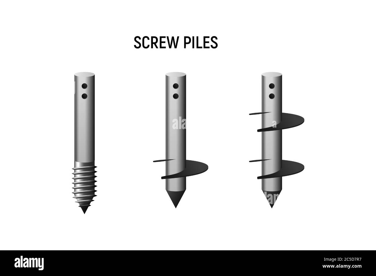Types of screw piles. Construction foundation set. Vector illustration