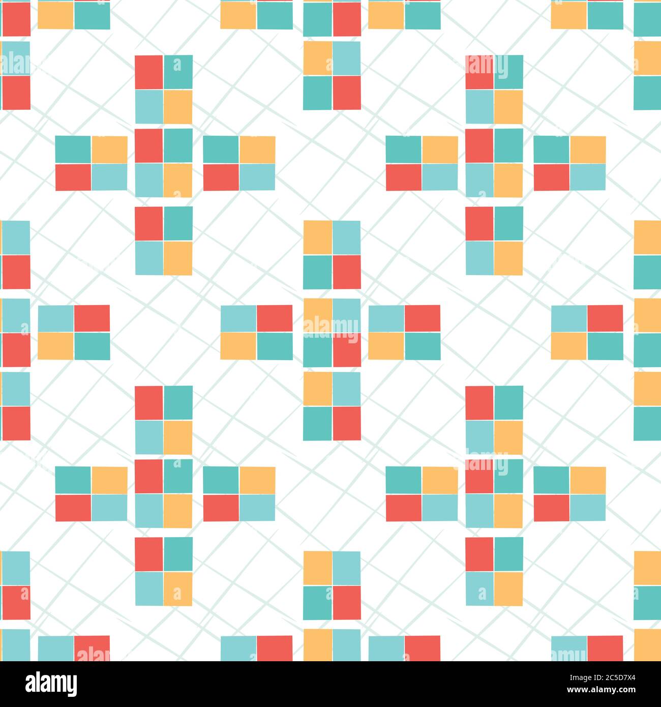 Geometric mosaic style vector seamless pattern background. Colorful modern tiled crosses on scribble texture backdrop. Bright yellow, teal, red and Stock Vector
