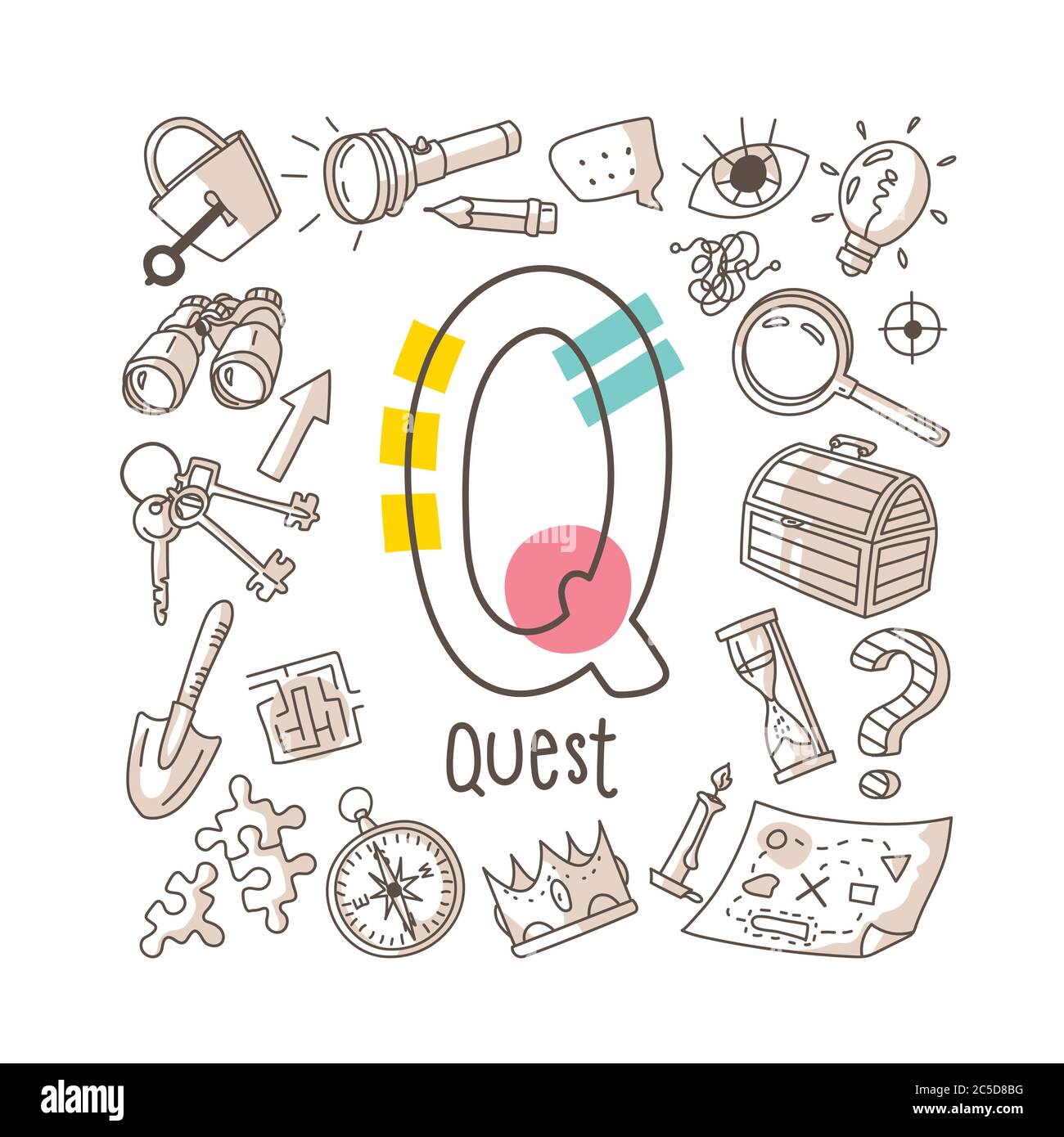 Letter Q - Quest, cute alphabet series in doodle style, vector illustration Stock Vector