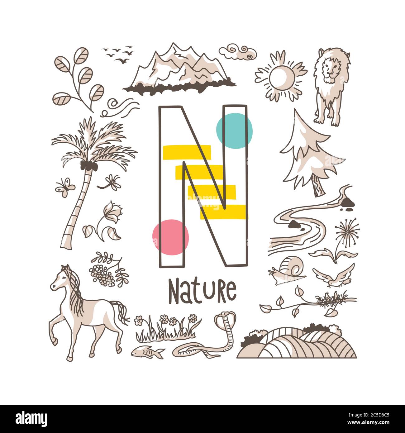 Letter N - Nature, cute alphabet series in doodle style, vector illustration Stock Vector