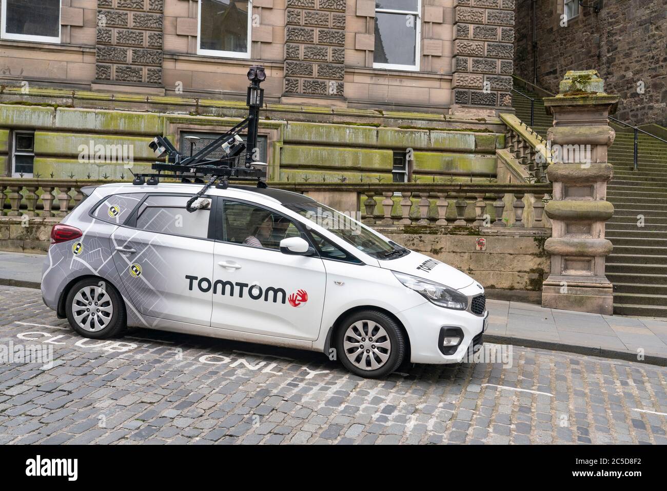 Edinburgh, Scotland, UK. 2 July, 2020. Shops and businesses are re-opening and getting back to normal in Scotland after coronavirus lockdown on such businesses were relaxed this week.  Street view car from Tom Tom driving on deserted streets in Old Town.  Iain Masterton/Alamy Live News Stock Photo