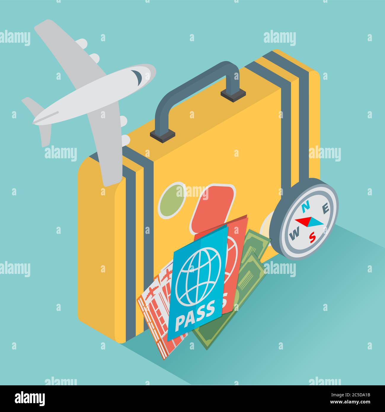 isometric travel with airplane illustration design concept background. eps10 vector Stock Vector