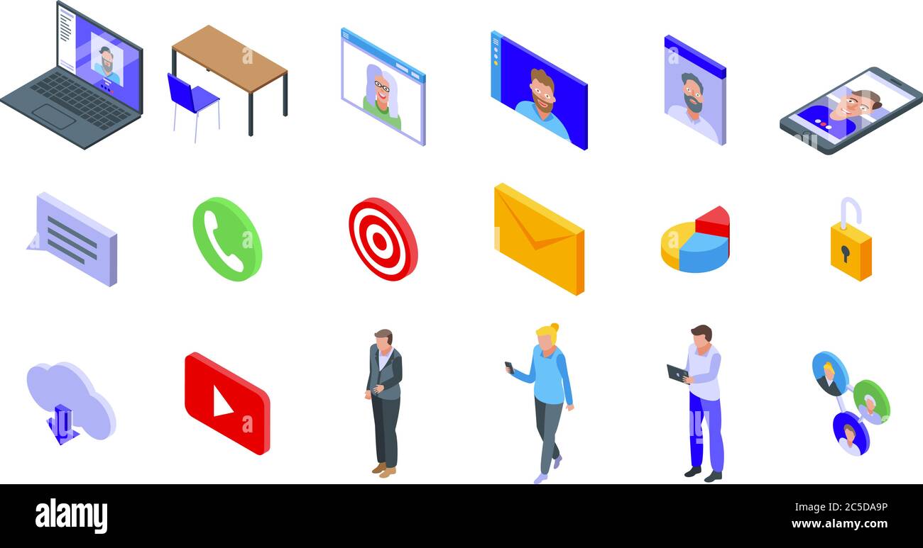 Online meeting icons set, isometric style Stock Vector