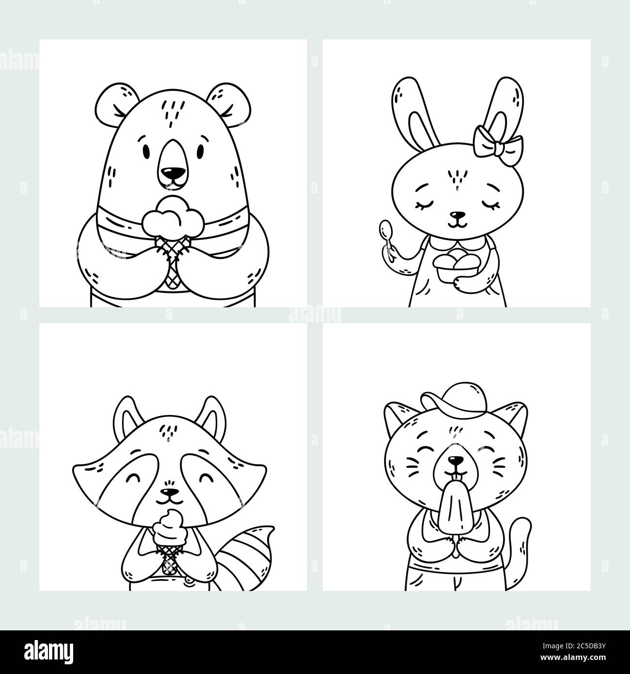 Set of cute funny cartoon summer animals. Bear, rabbit, raccoon and cat eating ice cream, licking popsicle, cone. Vector outline hand drawn illustrati Stock Vector