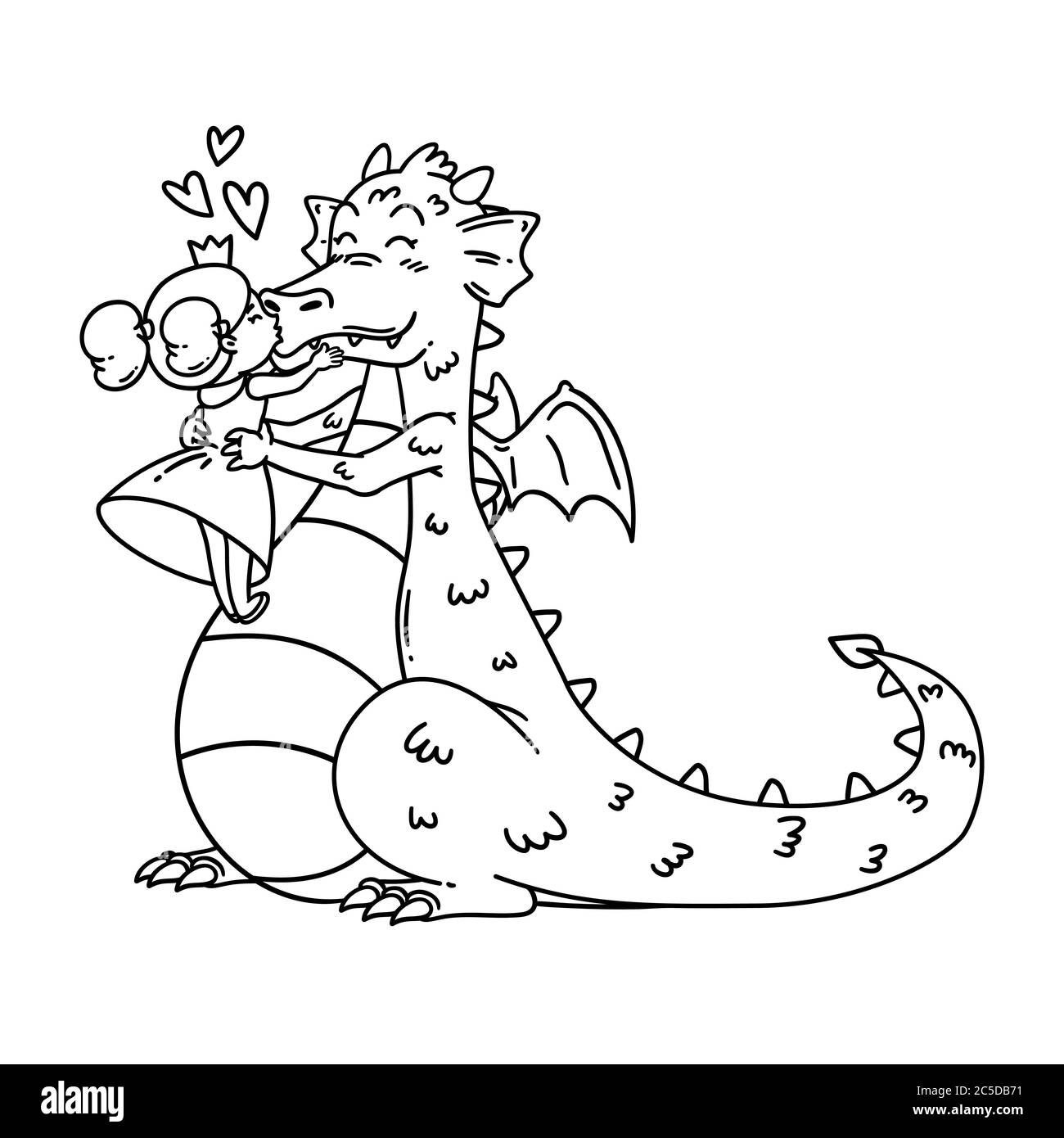 Little princess kisses a dragon in the nose. Fairy tale children illustration. Happy Valentine's day Card. Outline black and white art for coloring pa Stock Vector