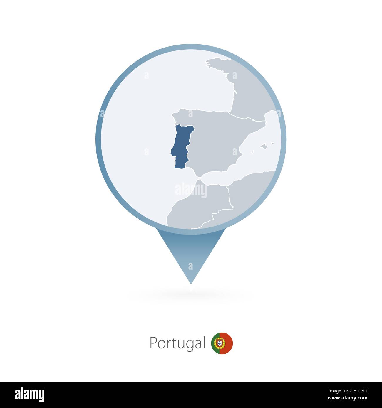 Map pin with detailed map of Portugal and neighboring countries. Stock Vector