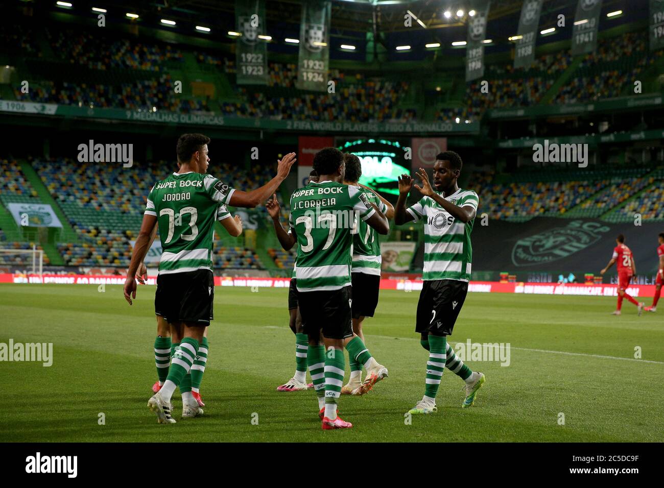 Lisbon, Wednesday. 1st July, 2020. Wendel (No. 37) of Sporting celebrates  with teammates after scoring during a Portuguese League football match  between Sporting CP and Gil Vicente in Lisbon, Portugal, Wednesday, July