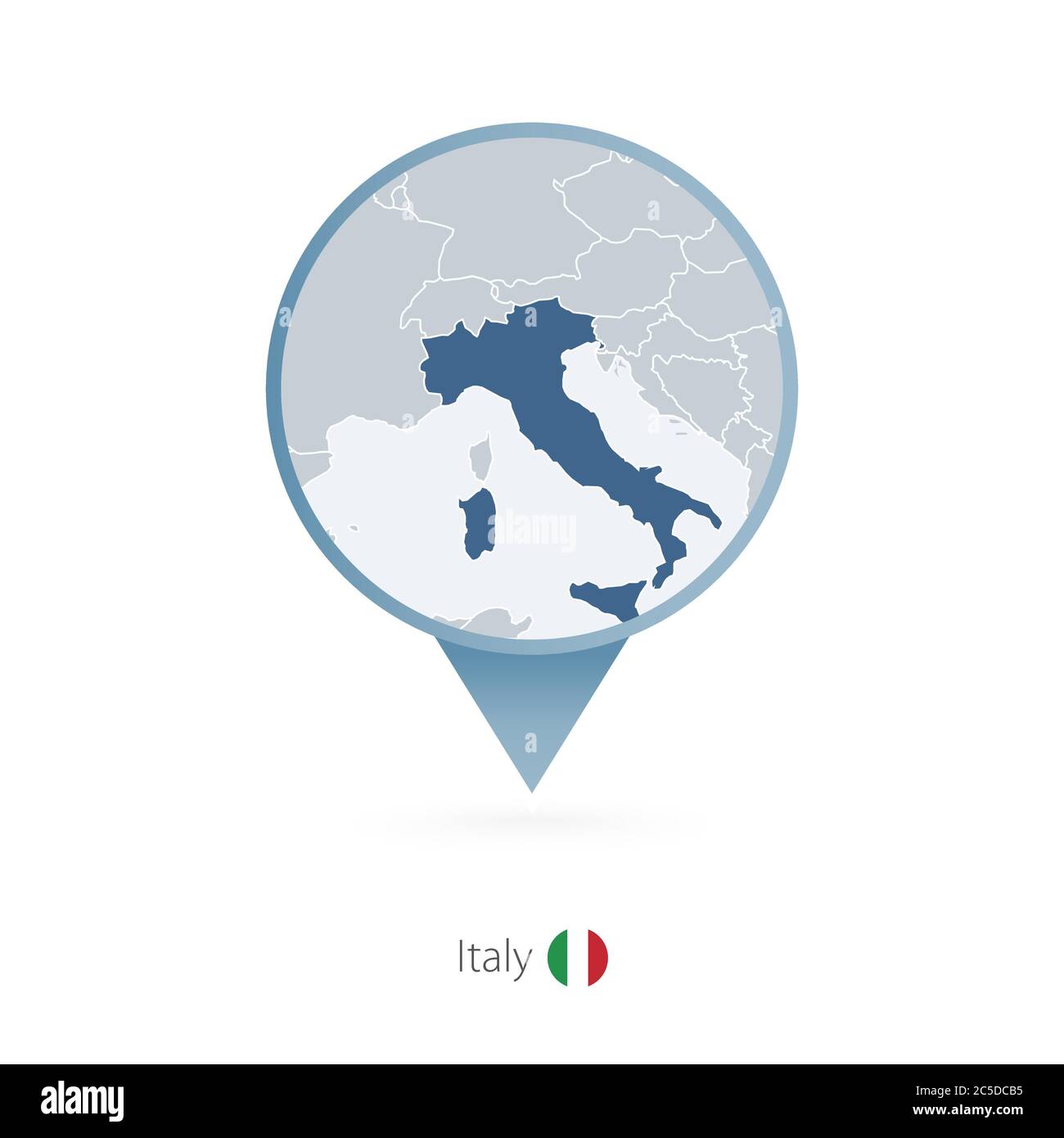 Map pin with detailed map of Italy and neighboring countries. Stock Vector