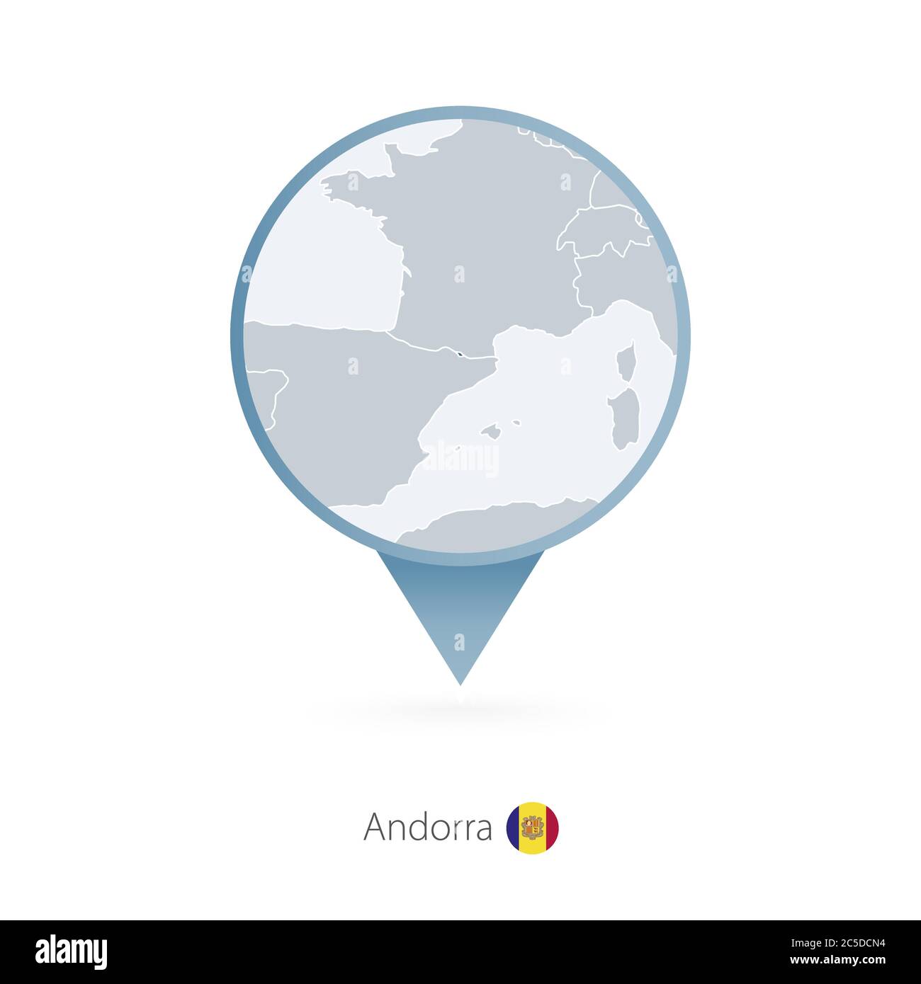 Map pin with detailed map of Andorra and neighboring countries. Stock Vector