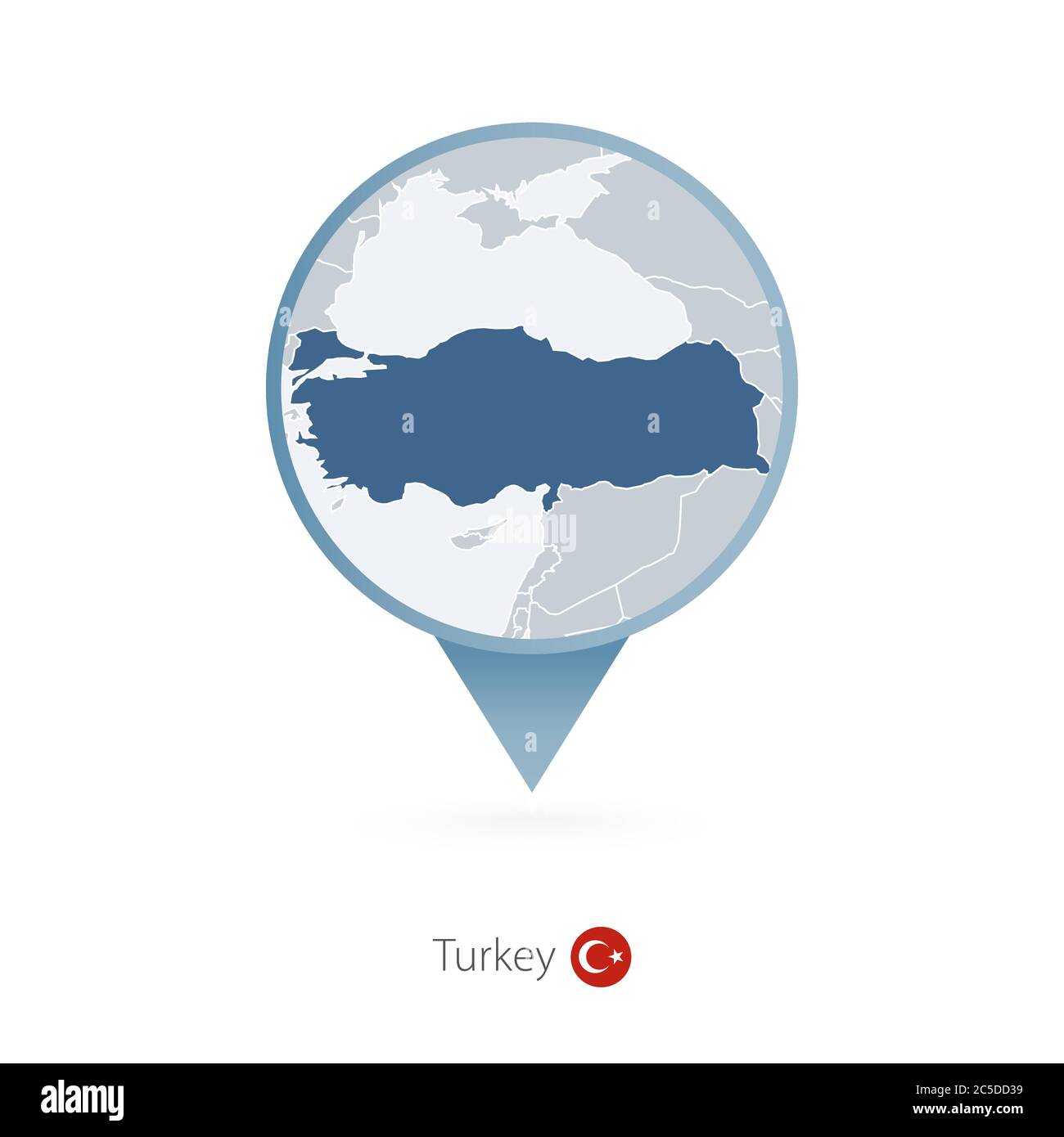 Map pin with detailed map of Turkey and neighboring countries. Stock Vector