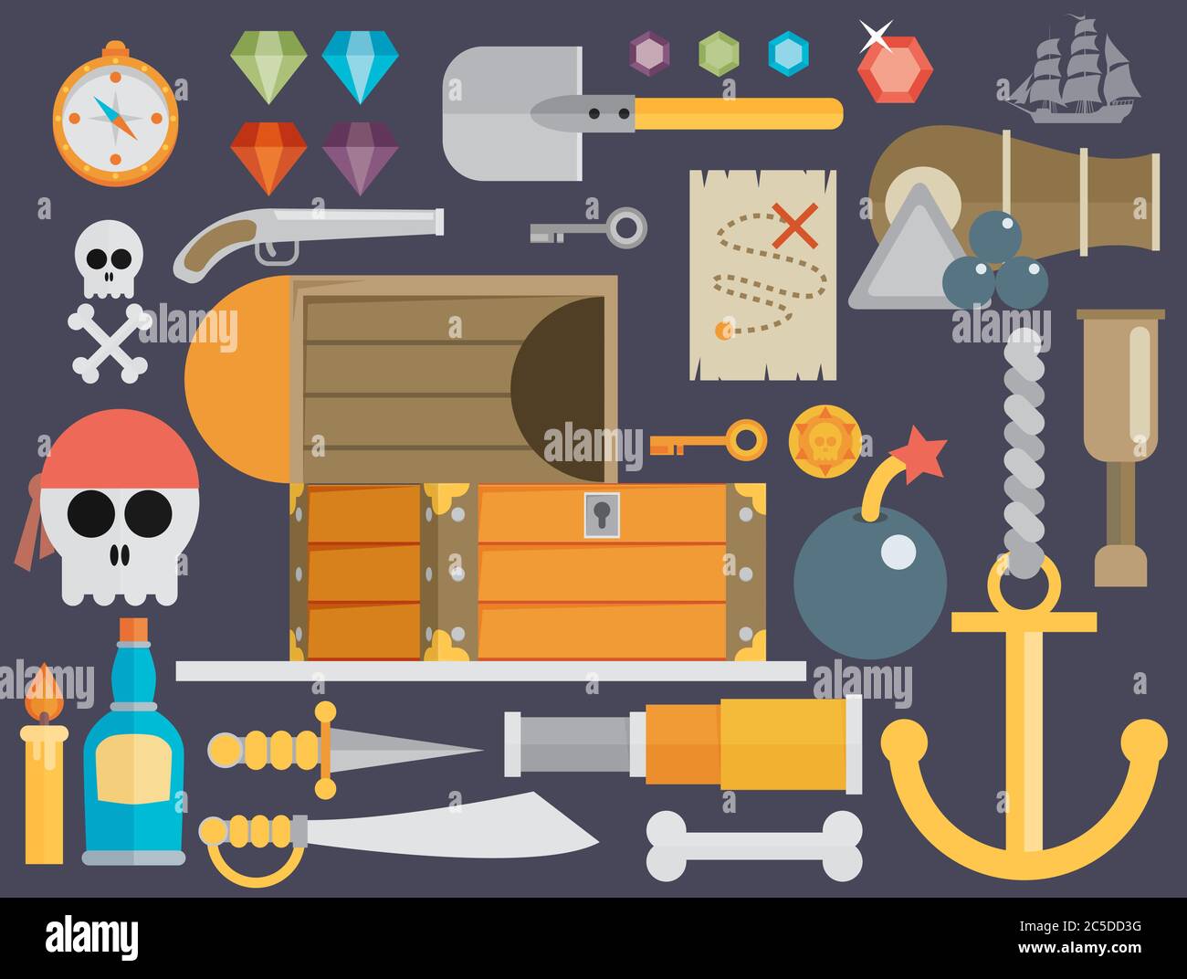 Pirate accessories symbols flat icons collection with wooden treasure