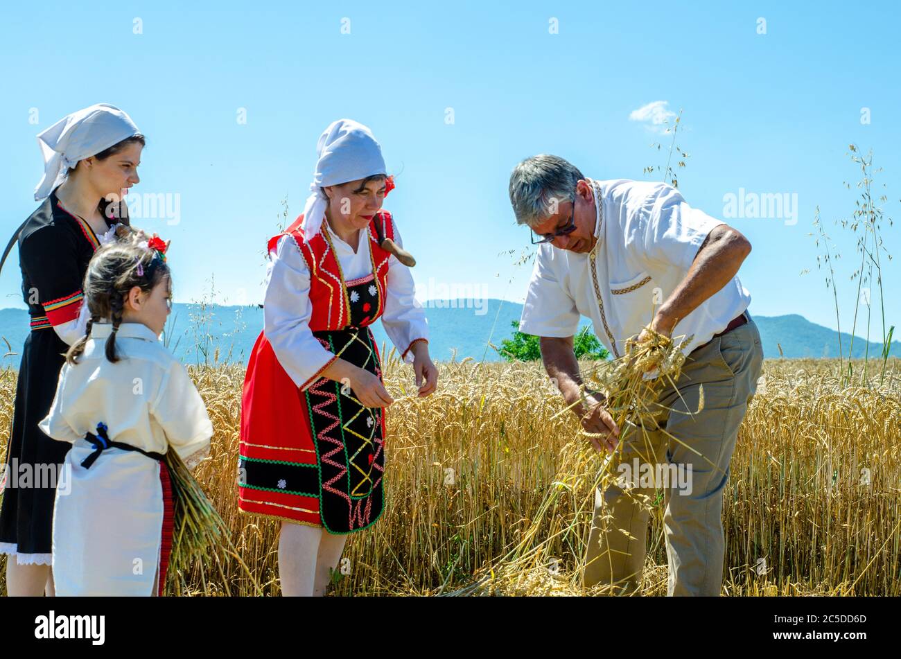 Bulgarians in traditional costume celebrate local custom of wheat harvest in countryside village. Stock Photo