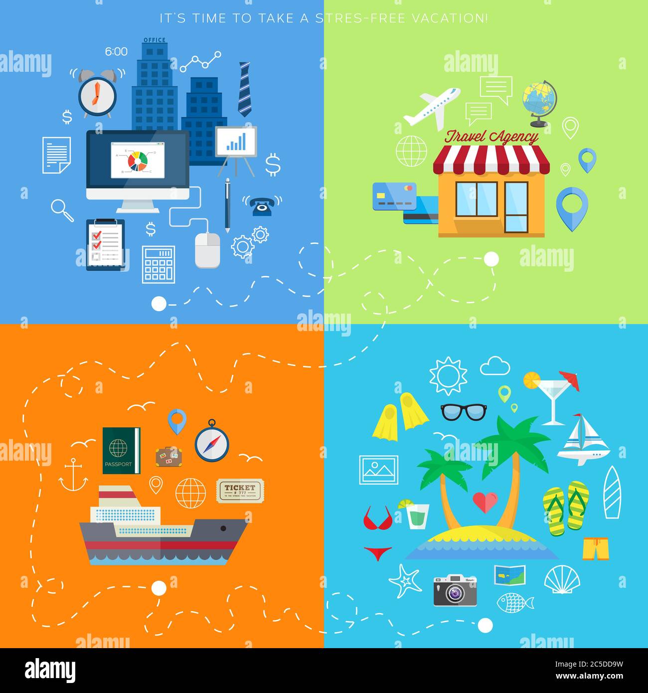 Summer vacation plan abstract vector background with flat icons Stock Vector