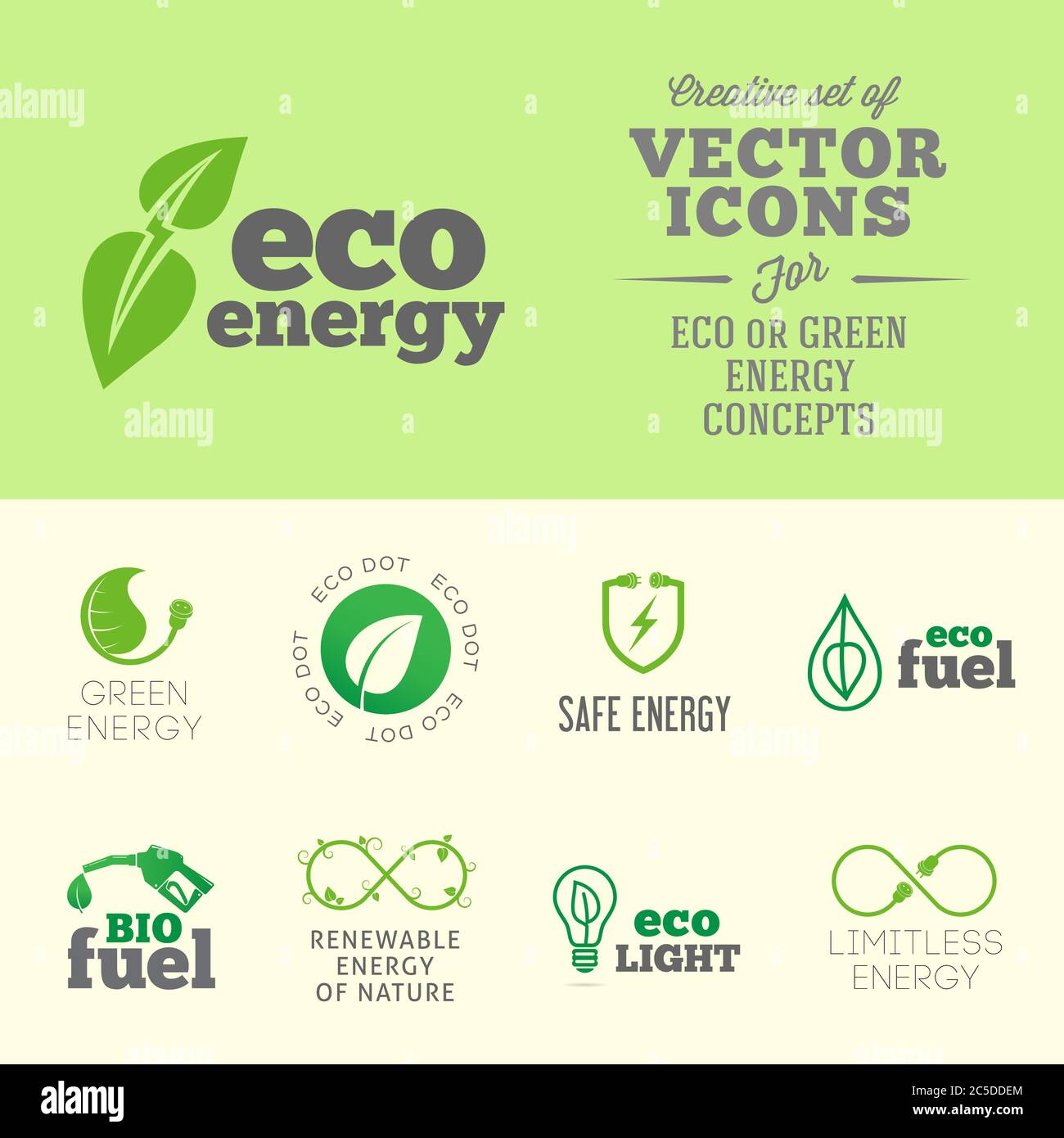 Eco or green energy concept vector icon set with typography Stock Vector