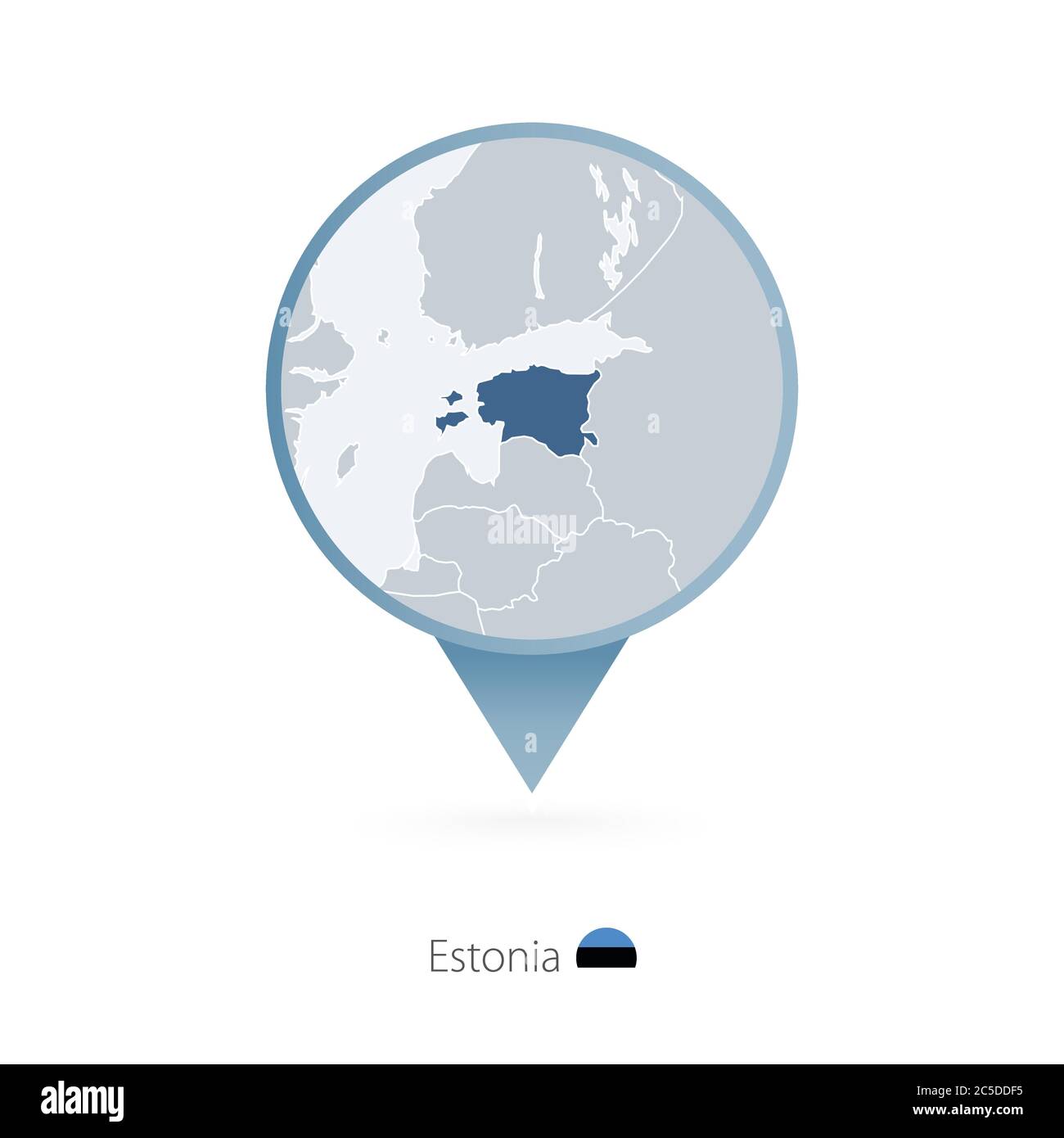 Map pin with detailed map of Estonia and neighboring countries. Stock Vector